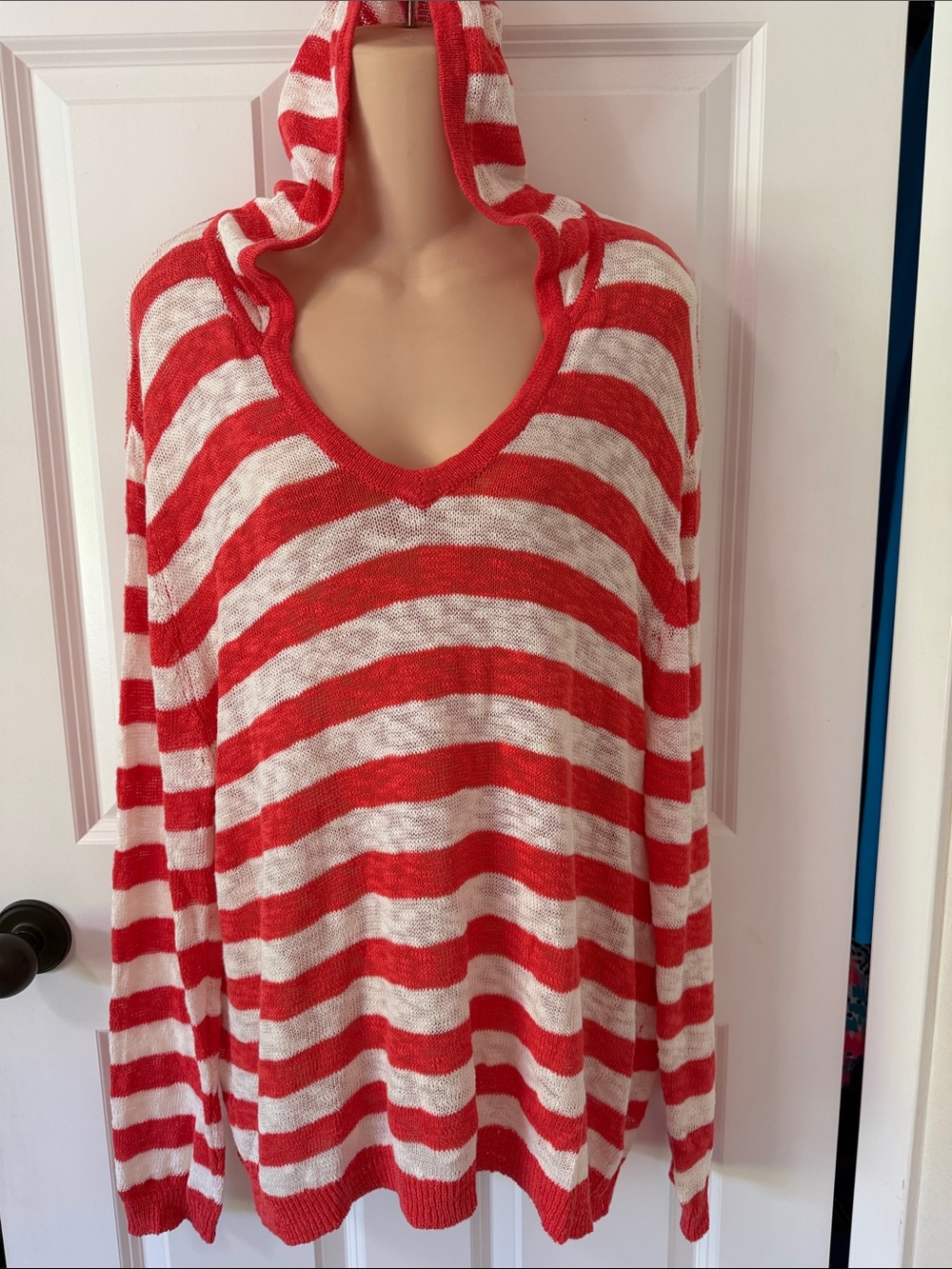 fresh produce Red and White Striped Hooded Knit Top
